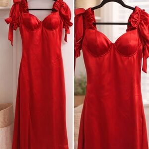 Red Satin Puff Sleeve Dress